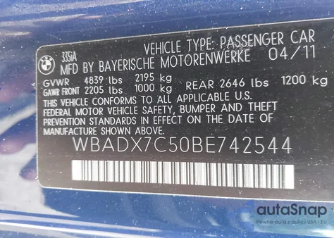 2011 BMW 335I from USA, damaged, VIN WBADX7C50BE742544